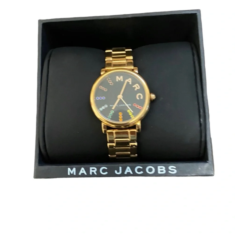 Marc by Marc Jacobs Womens Classic Rainbow Crystal Black Dial Gold Tone Watch